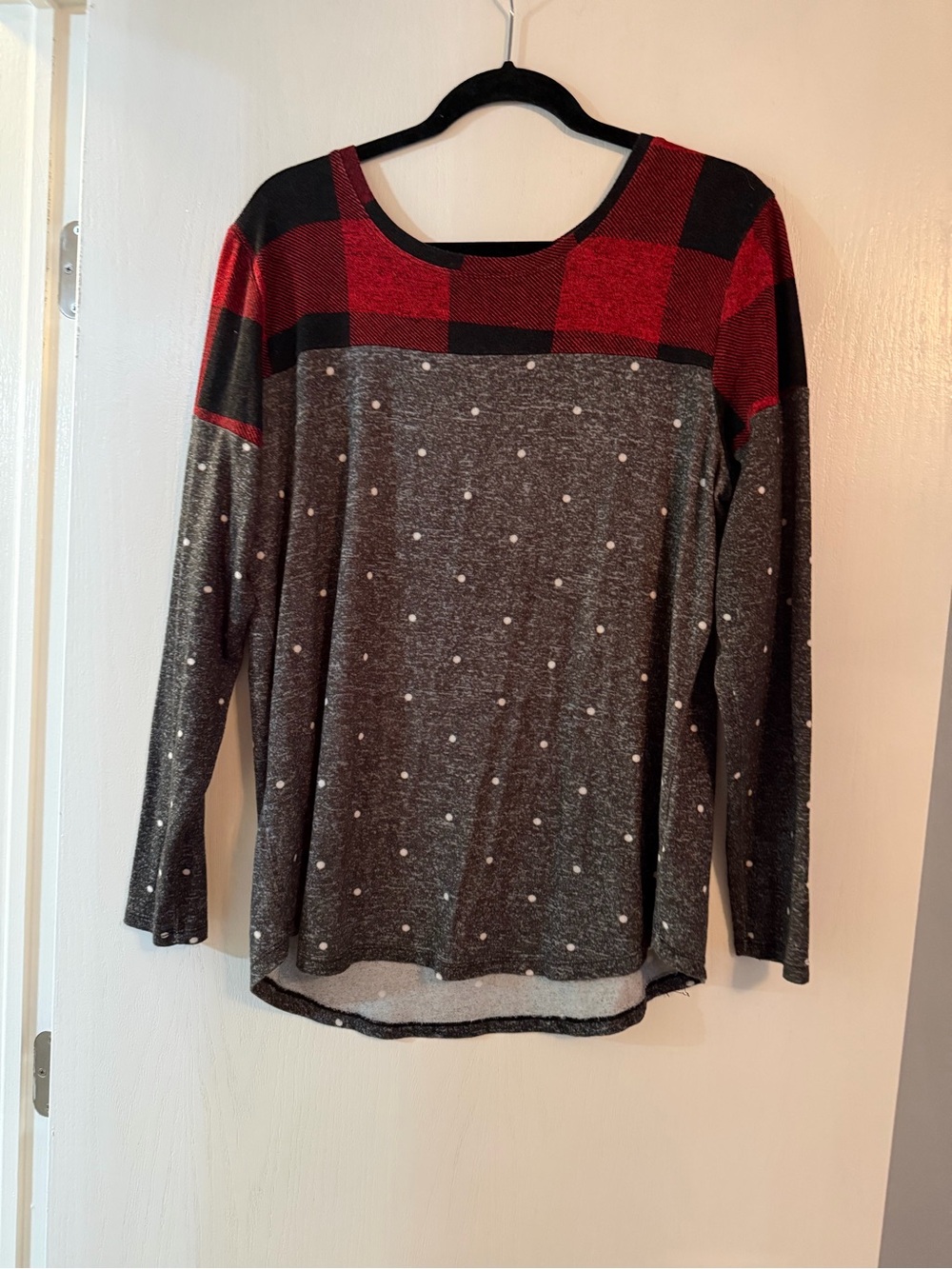 Maurices Gray Polka Dot Long Sleeve Top with Red Buffalo Plaid Yoke
